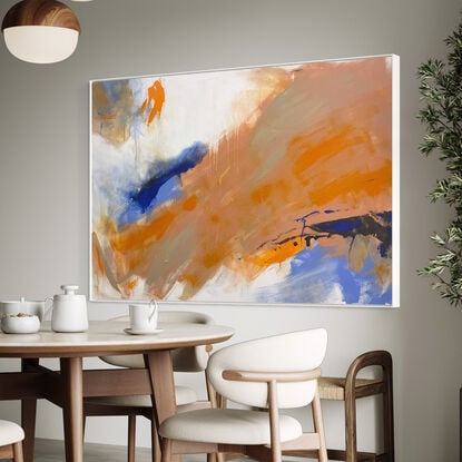 bold marks and colour fields in orange, peach, apricot, beige, white, blue and grey across a large canvas