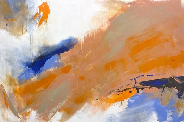 bold marks and colour fields in orange, peach, apricot, beige, white, blue and grey across a large canvas