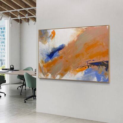 bold marks and colour fields in orange, peach, apricot, beige, white, blue and grey across a large canvas