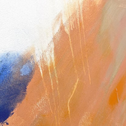 bold marks and colour fields in orange, peach, apricot, beige, white, blue and grey across a large canvas