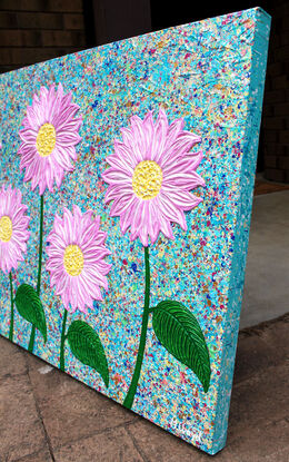 textured pink and yellow textured flowers with green leaves on a sky blue background textured abstract