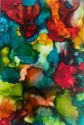 Bold colourful abstracted landscape created in inks on canvas, depicting the colours of the changing seasons in the Blue Mountains Australia. Painting is Award Recipient