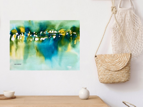 "Emerald Drift" captures the tranquil dance of light and shadow in a lush, abstract landscape. This inkmedia artwork explores fluidity and form, evoking a serene, contemplative mood with its blend of deep greens, soft blues, and golden hues. The abstract figures and shapes suggest a gathering, drawing the viewer into a peaceful moment where nature and imagination merge.


