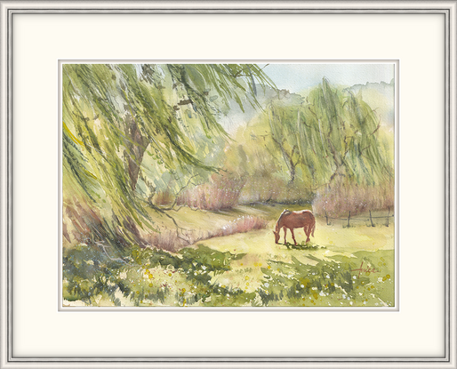 Serene scene of a horse grazing alongside a creek with Willow Trees either side, and with the biggest one in the front left hand corner.