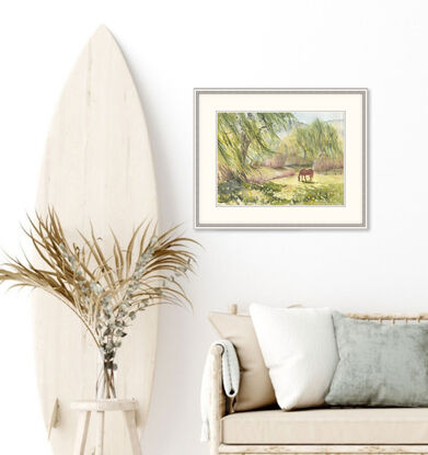 Serene scene of a horse grazing alongside a creek with Willow Trees either side, and with the biggest one in the front left hand corner.