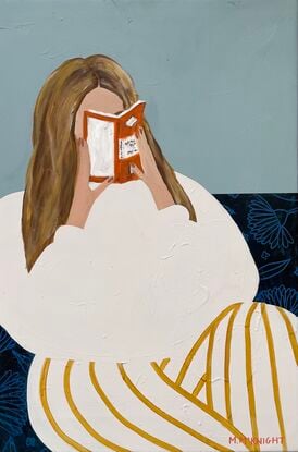 Blue  background, woman reading book