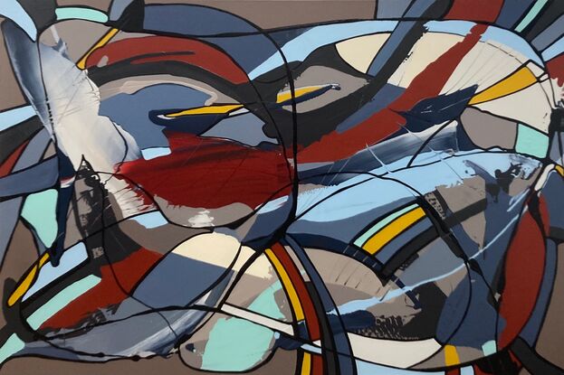 A modernist abstract expressionist painting depicting ocean and bird life.