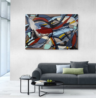 A modernist abstract expressionist painting depicting ocean and bird life.