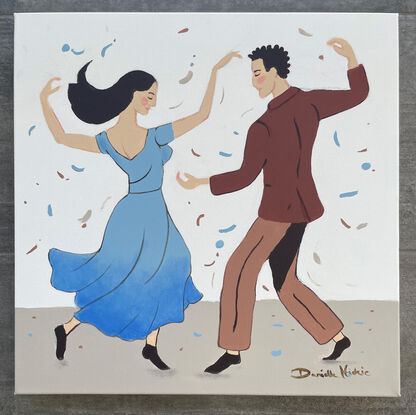 We see two figures dancing together. Music and or confetti fall from above. It's joyful. They are wearing loose clothes in earthy colours. The woman's skirt is twirling out as she spins around. 