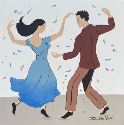 We see two figures dancing together. Music and or confetti fall from above. It's joyful. They are wearing loose clothes in earthy colours. The woman's skirt is twirling out as she spins around. 