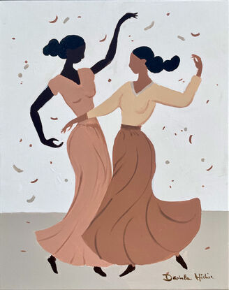 We see two women dancing together. Music and or confetti fall from above. It's joyful. They are wearing loose clothes in earthy colours. 