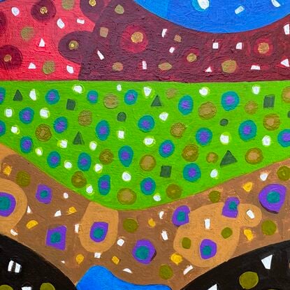 This painting depicts a vibrant, stylized Australian landscape characterized by rolling hills, dotted patterns, and bold, contrasting colours.