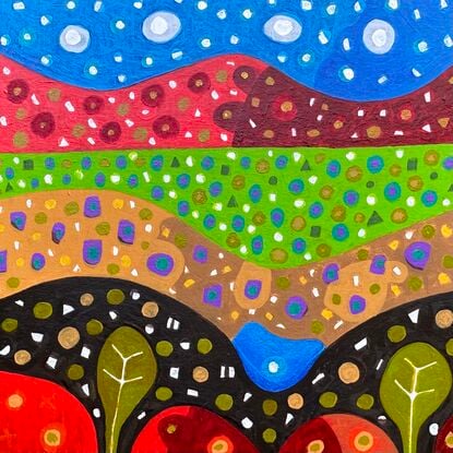 This painting depicts a vibrant, stylized Australian landscape characterized by rolling hills, dotted patterns, and bold, contrasting colours.