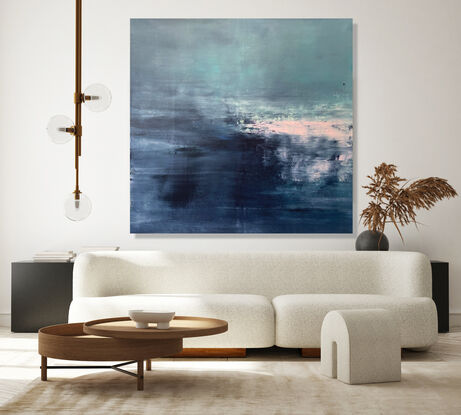 Abstract impressionist painting  in dark blue, mid grey blue  and pink on a square canvas.