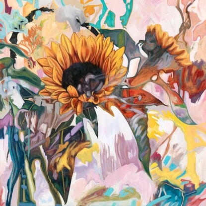 Picture of a sunflower painted in an abstract expressionistic style. The flower is surrounded by leaves that blend into abstract shapes and patterns. The image is warm and fluid with neutral earthy tones combined with yellows and pinks.