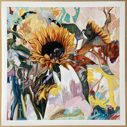 Picture of a sunflower painted in an abstract expressionistic style. The flower is surrounded by leaves that blend into abstract shapes and patterns. The image is warm and fluid with neutral earthy tones combined with yellows and pinks.