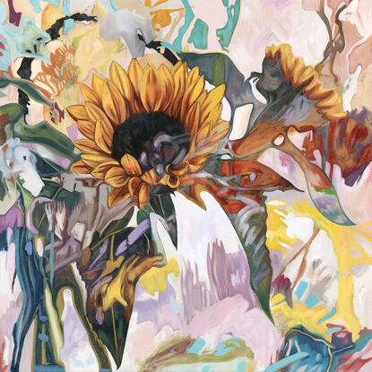 Picture of a sunflower painted in an abstract expressionistic style. The flower is surrounded by leaves that blend into abstract shapes and patterns. The image is warm and fluid with neutral earthy tones combined with yellows and pinks.