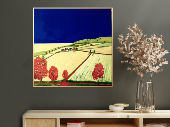 Australian landscape with dark blue sky and gold and beige highlighted hills and foreground, an orange red road leads out of the painting with trees scattered throughout,  Lucinda Leveille, original artwork, framed, Australiana