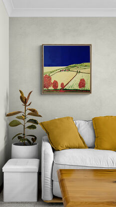 Australian landscape with dark blue sky and gold and beige highlighted hills and foreground, an orange red road leads out of the painting with trees scattered throughout,  Lucinda Leveille, original artwork, framed, Australiana