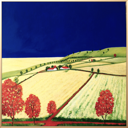 Australian landscape with dark blue sky and gold and beige highlighted hills and foreground, an orange red road leads out of the painting with trees scattered throughout,  Lucinda Leveille, original artwork, framed, Australiana