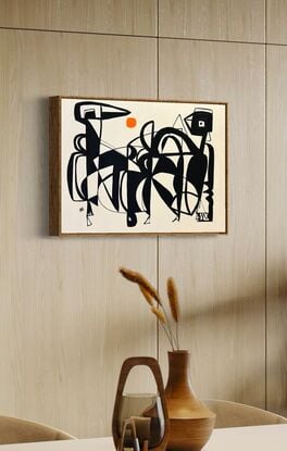 Abstracted stylized black line drawing of bird shapes on beige background in midcentury modern style.