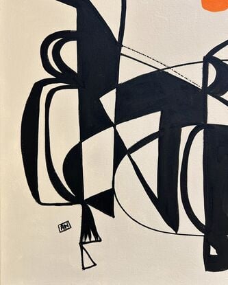 Abstracted stylized black line drawing of bird shapes on beige background in midcentury modern style.