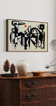 Abstracted stylized black line drawing of bird shapes on beige background in midcentury modern style.