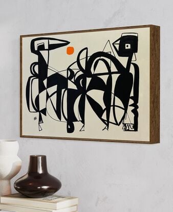 Abstracted stylized black line drawing of bird shapes on beige background in midcentury modern style.