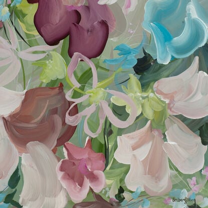 Pastel pink, green and light blue abstract flower painting