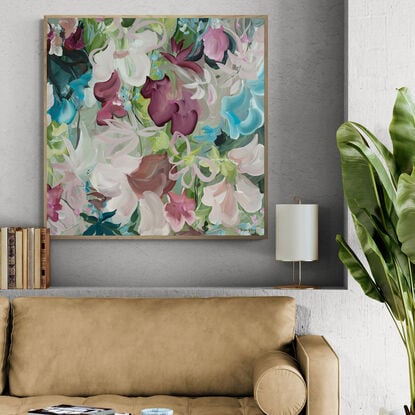 Pastel pink, green and light blue abstract flower painting