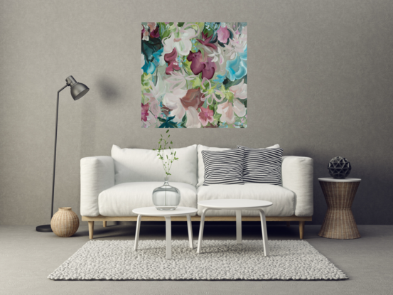 Pastel pink, green and light blue abstract flower painting