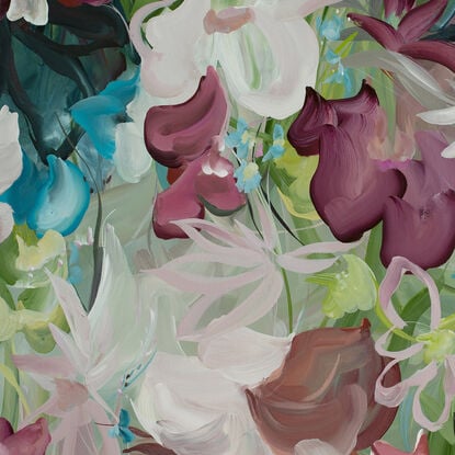 Pastel pink, green and light blue abstract flower painting