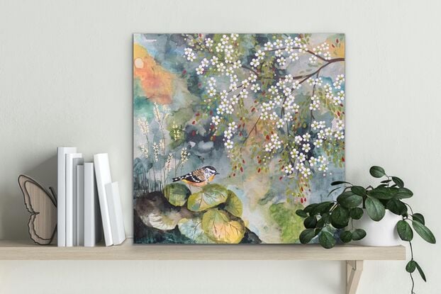 Pardalote bird on foliage with tea tree blooms 