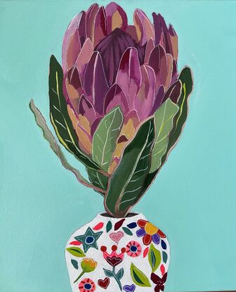 Proteas in patterned vase