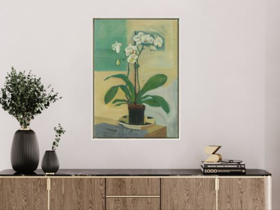 Still life with white orchid in a black pot