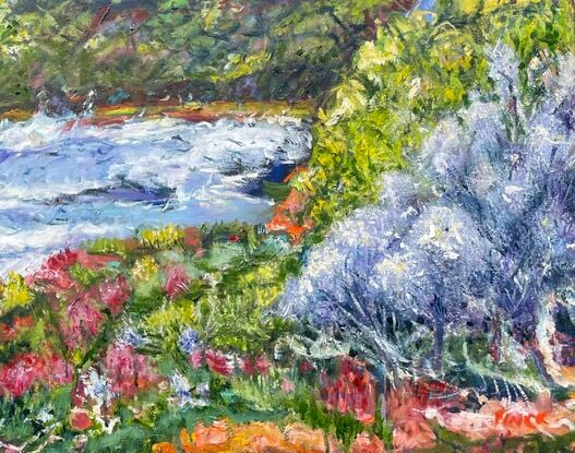 An impressionist landscape painting of samphire and mangroves in the saltmarshes.
Beautiful colours of pink green yellow, orange and blue.
