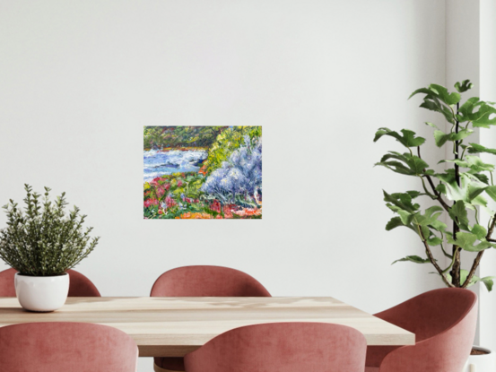 An impressionist landscape painting of samphire and mangroves in the saltmarshes.
Beautiful colours of pink green yellow, orange and blue.
