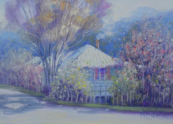 Australian country cottage landscape oil painting.