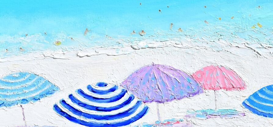 A thickly textured beach painting with brightly coloured beach umbrellas, a turquoise ocean and people swimming.