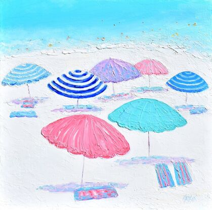 A thickly textured beach painting with brightly coloured beach umbrellas, a turquoise ocean and people swimming.