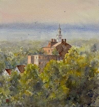 Spent some time at Morristown, a small historic town near New York where Washington spent the bitter winters with his troops two hundreds years ago.  A lovely view from my hotel window.  I love how the morning  and evening sun cast different shadows on this church in the distance.  How lucky that I paint, lovely inspirations everywhere I go 😊