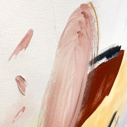 Subtle tones in warm earthy beige, orange, lemon, pink, blush, white, grey and black combined with large expressive marks, across the canvas surface. 