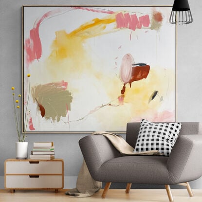 Subtle tones in warm earthy beige, orange, lemon, pink, blush, white, grey and black combined with large expressive marks, across the canvas surface. 