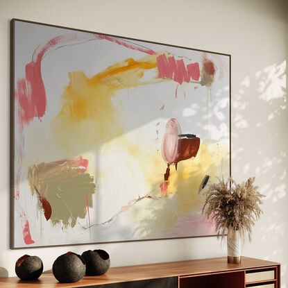 Subtle tones in warm earthy beige, orange, lemon, pink, blush, white, grey and black combined with large expressive marks, across the canvas surface. 