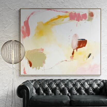 Subtle tones in warm earthy beige, orange, lemon, pink, blush, white, grey and black combined with large expressive marks, across the canvas surface. 