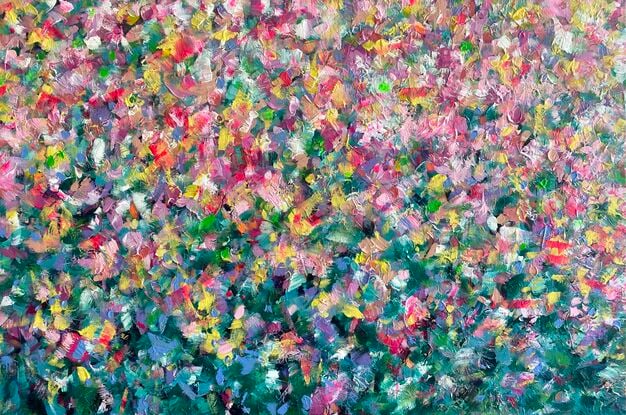 Layers and layers of colourful marks in this dynamic abstract floral that celebrates the joy of flowers every day. Comes framed, two weeks required for framing. 