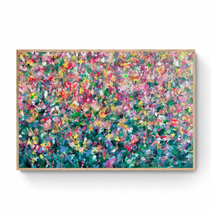 Layers and layers of colourful marks in this dynamic abstract floral that celebrates the joy of flowers every day. Comes framed, two weeks required for framing. 