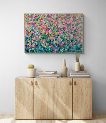 Layers and layers of colourful marks in this dynamic abstract floral that celebrates the joy of flowers every day. Comes framed, two weeks required for framing. 