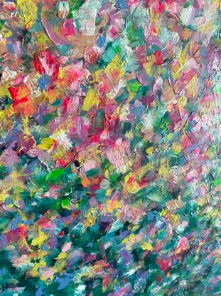 Layers and layers of colourful marks in this dynamic abstract floral that celebrates the joy of flowers every day. Comes framed, two weeks required for framing. 