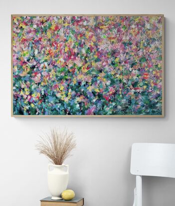 Layers and layers of colourful marks in this dynamic abstract floral that celebrates the joy of flowers every day. Comes framed, two weeks required for framing. 